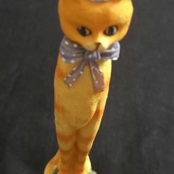 Whimsical! Tall Calico Cat on Pumpkin with Hat Resin Orange Vtg 7.25"x1.75"
