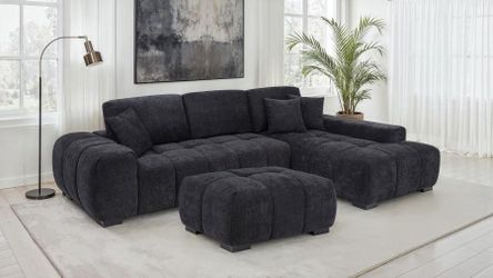 Black fabric upholstered 2 pc large sectional adds rich texture and a high-contrast finish
