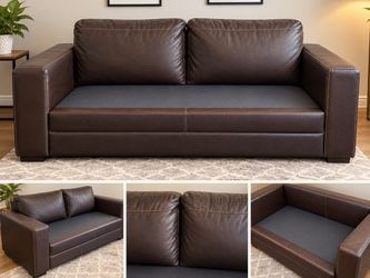 Brown Faux Leather Sofa with Contrast Stitching