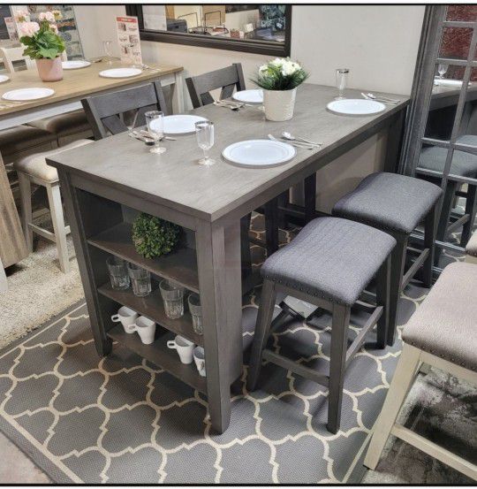 Gray Solid Wood Conter Height Dining Table Set With 2 Chairs And 2 Stools