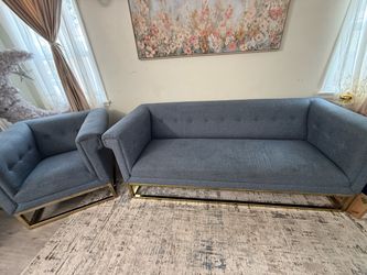 Modern Blue Sofa & Armchair Set with Gold Metal Base