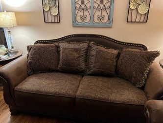 Traditional Brown Paisley Sofa with Wood Trim