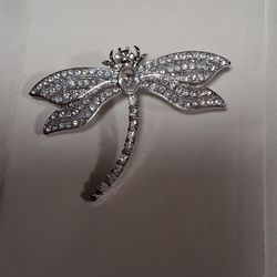 Silver Tone Crystal Dragonfly Brooch 