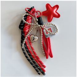 5 PCS PU Leather Star Keychain Bead Silver Bow  Knot Rope Hanging Bag Charm Accessory