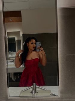 Red strapless floral mini dress