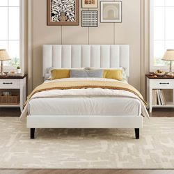 Full Size White Upholstered Platform Bed Frame with Headboard – New $100