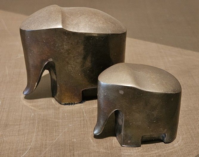 Two Solid Brass Elephants  Paperweight Statue Cubist-like no mark or stamp