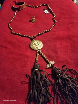 Gold Bead Necklace with Leather Tassels