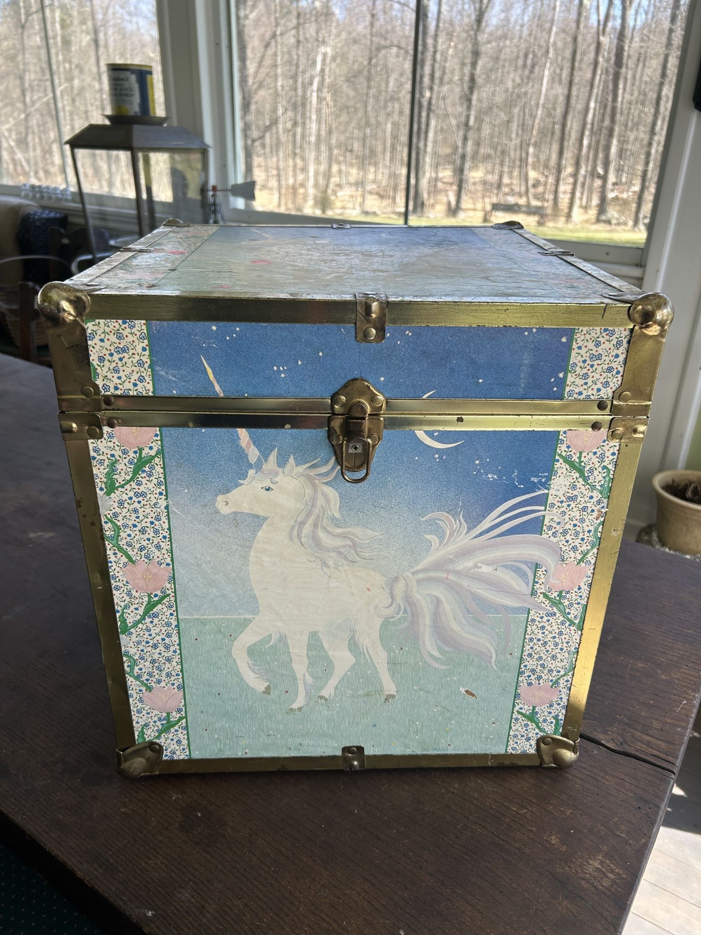 Vintage 80s cube toy storage chest box wood unicorn Barbara Nieder