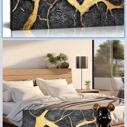Abstract Wall Art for Living Room, Black and Gold Hand-Painted Canvas Wall-Decor for Bedroom, 3D Textured Paintings, Size 40 x 20 Inches