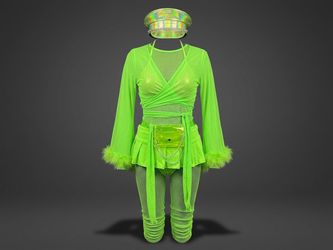 Sugarpuss Funk Plus 7 Pc Neon Lime Green Rave Outfit Set Hat Shrug Skirt OS