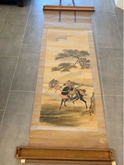 Vintage Japanese Samurai Hanging Scroll – Original Wood Box