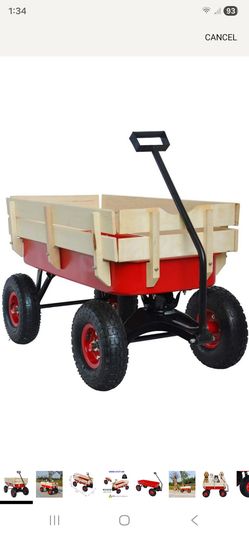 Garden or beach Utility Wagon with Wood Sides Red Metal