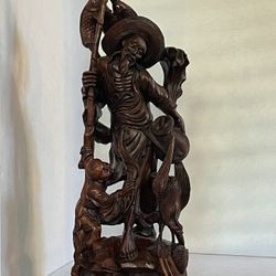 Antique Chinese Fisherman, Boy, Fish & Crane Sculpture