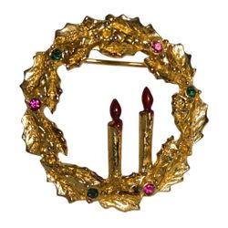 vintage Eisenberg Ice Holiday Christmas wreath goldtone brooch with crystals