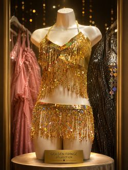 Shine with confidence in this stunning golden fringe outfit, designed to make every moment unforgettable. Featuring sparkling sequin details and elega