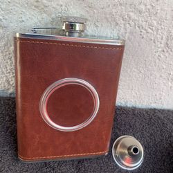 Stainless Steel Hip Flask Brown Leather Wrapped With Funnel 