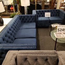 Brand New Navy Blue Velvet Modern Sofa + Loveseat 2PCs Set
