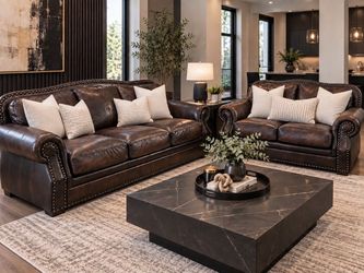 Dark Brown Leather Sofa and Loveseat Set