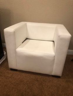White Leather Cube Club Chair. Mid-century modern, minimalist, contemporary luxury.