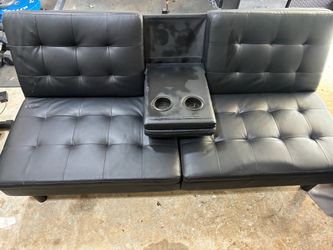 Black Faux Leather Futon Sofa Bed with Cup Holders