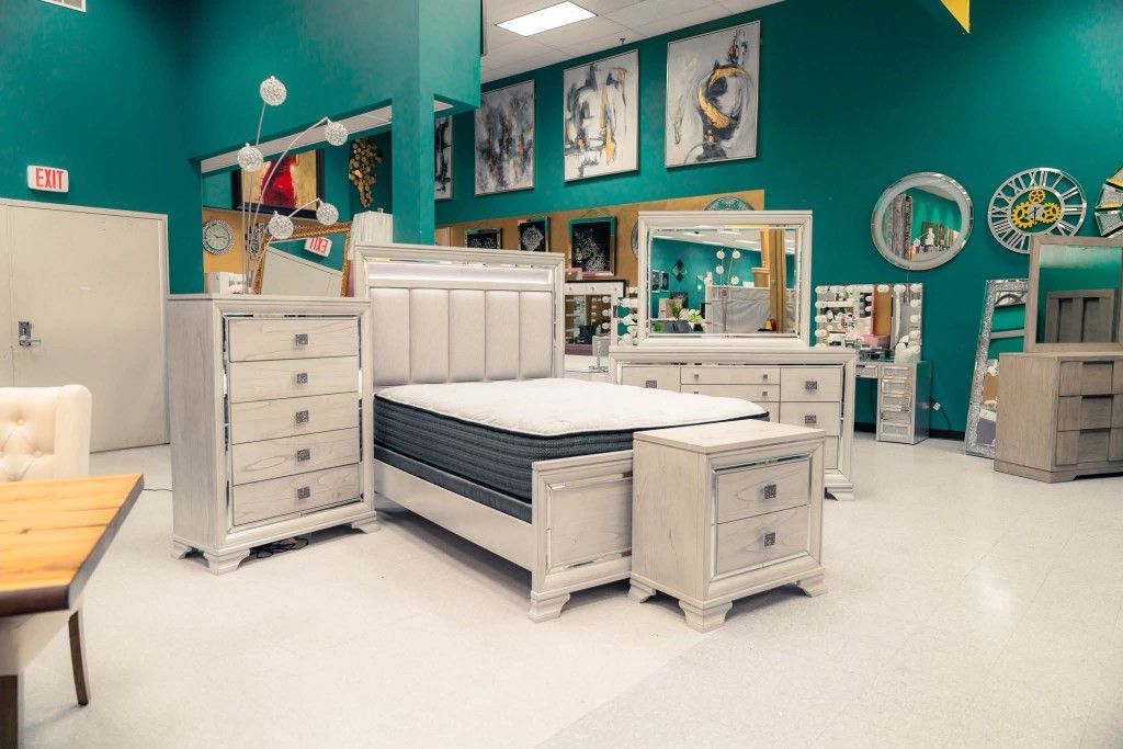 Vail Gray LED Upholstered Panel Bedroom Set. Financing Options Available