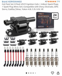 Coil Pack Set: 8 Pack UF413 Ignition Coils + Iridium Spark Plugs + Spark Plug Wires Set | Compatible with Chevy Silverado, GMC Sierra, Cadillac,Tahoe,
