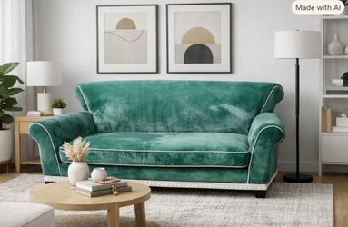 GREEN VELVET SOFA AND CARVED WOOD ACCENTS