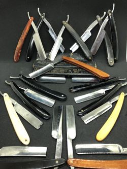 Antique shave ready straight razors and kids wooden toy training razors