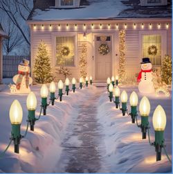 30Ft C9 Led 20 Bulbs Christmas Pathway Lights Outdoor, Warm White Led Bulbs Waterproof Connectable Christmas Walkway Lights with Stakes for Yard Lawn 