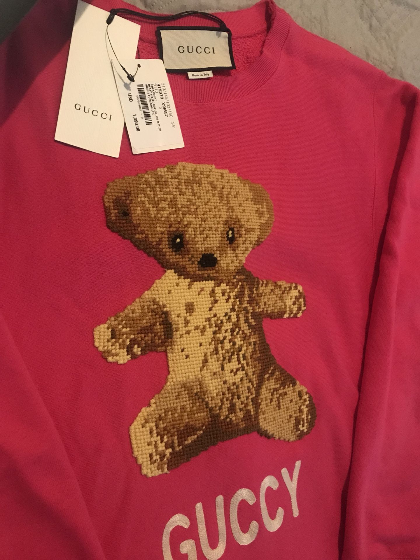 Gucci Mens Guccy Teddy Bear Sweatshirt Size Large Pink Cotton Pullover  Sweater