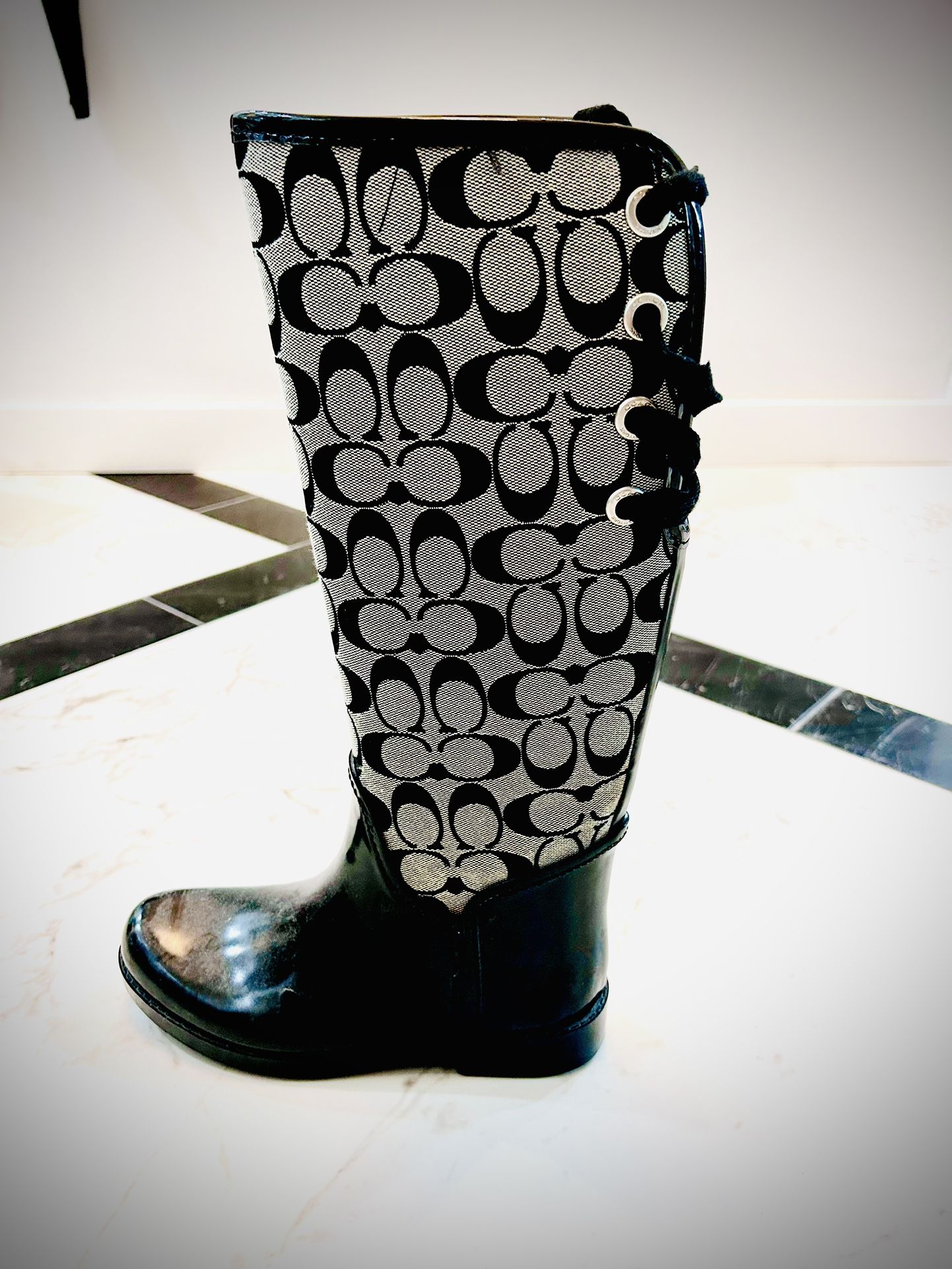 Coach Tristee Rain Boots Black Signature Lace Up Corset Women's Tall Size 6