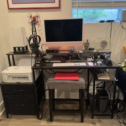 Computer Desk, Gaming Desk with LED Lights & Outlets, 59" Office Desk with Drawers Long Home Office Desks with Fabric File Cabinets, Work Desk with St