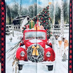 Fa-13 Cotton Christmas Panel - Red truck & Deer