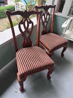 Pair of Vintage Chippendale-Style Carved Wood Dining Chairs