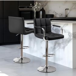 Bar Stools Set of 2, PU Leather Height Adjustable Swivel Barstools, Hydraulic Kitchen Counter Heigh