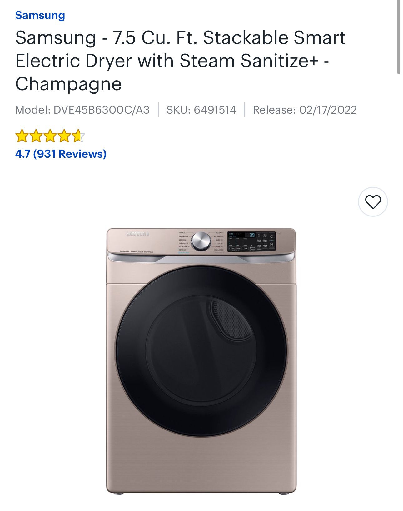 Samsung Electric Dryer with Steam+Sanitize