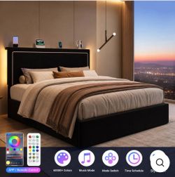 Full Size Lift Up Storage Bed Frame with LED Lights & Charging Station, Velvet Upholstered Platform Bed with Adjustable Headboard