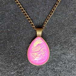 Pink faux triplet opal / dichroic glass teardrop pendant on 18" bronze necklace new handmade 