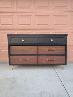 Refinished Mid-Century Modern 6-Drawer Dresser – Two-Tone Black & Walnut MCM