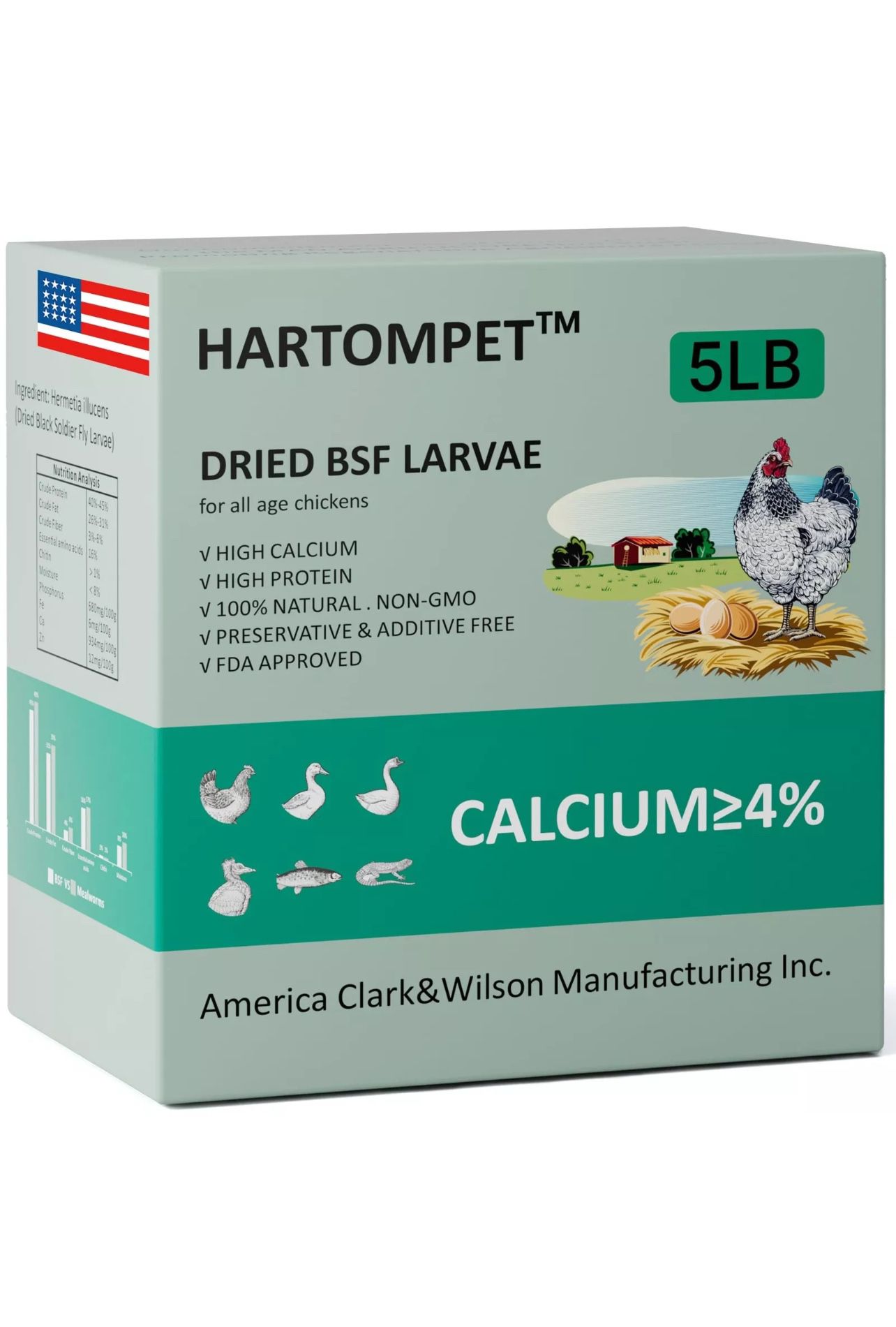 High Calcium Hartompet BSFL Chicken Feed Additive - 85X More Calcium - 5 lbs