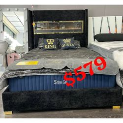Black queen size bed frame  // No Heater on Fireplace - Flame Box Display Only