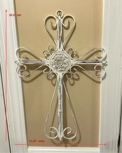 Freshly Painted & Distressed Shabby White Heavy Wrought Iron Hanging Cross