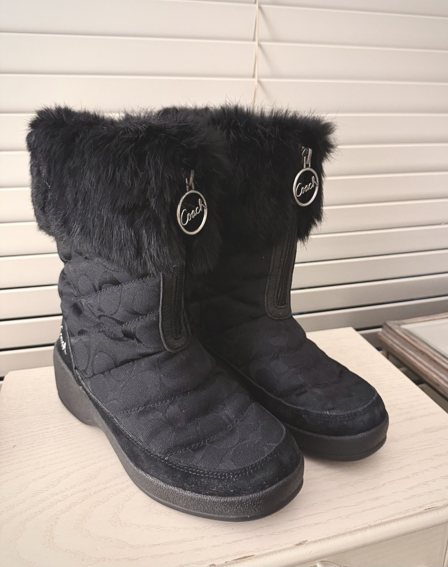 Coach Signature Monogram Wedge Boots with Rabbit Fur - Size 6.5