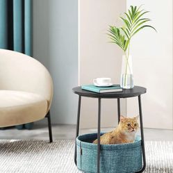 Small Round Side End Table, Black With Wood Grain, Dark Turquoise 