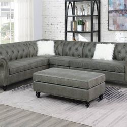 Brand New Gray Breathable Leatherette 4pc Sectional Sofa With Ottoman 