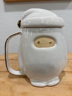 West Elm Yeti Figural Mug with Lid Ceramic White Gold Trim Abominable Snowman Holiday 23oz