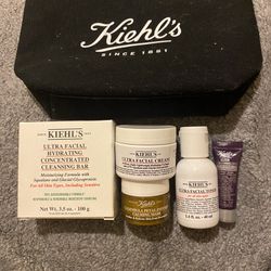 Kiehl’s Black Bag, Ultra Facial Hydrating Concentrated Cleansing Bar, Ultra Facial Cream, Calendula Calming Mask, Ultra Facial Toner& Super Multi Eye