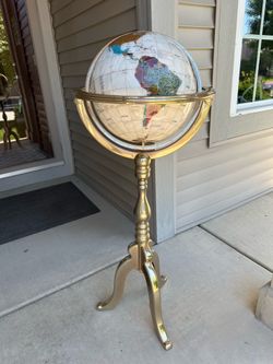 Mother of Pearl Gemstone Globe on Gold Brass Stand