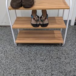 3 Tier Shoe Stand Shelf. Wood & White Metal. City Of Orange. 